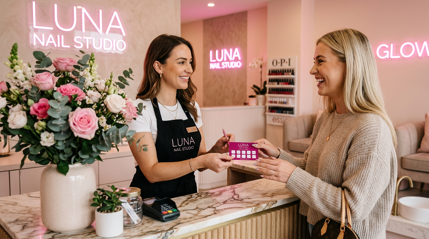 Manicure entregando cartão fidelidade para cliente
