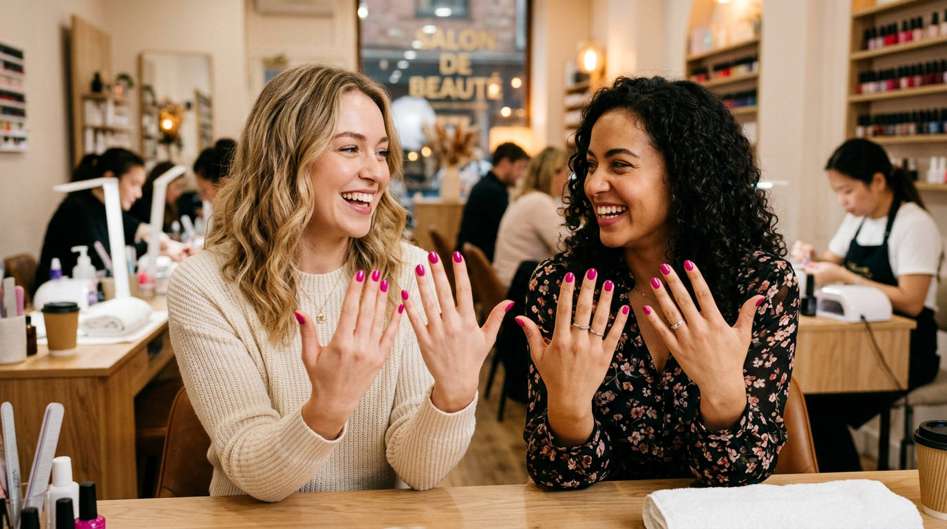 Clientes amigas mostrando as unhas feitas e indicando o studio